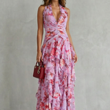Belladina | Vestido Longo Romântico Kaskada de Rosas com Decote em V
