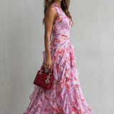 Belladina | Vestido Longo Romântico Kaskada de Rosas com Decote em V