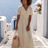 Ambre | Vestido Midi Portefeuille com Mangas Curtas em V