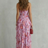 Belladina | Vestido Longo Romântico Kaskada de Rosas com Decote em V