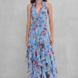 Belladina | Vestido Longo Romântico Kaskada de Rosas com Decote em V