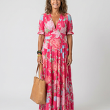 Juliette | Vestido Midi Floral com Mangas Curtas e Decote em V