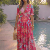 Juliette | Vestido Midi Floral com Mangas Curtas e Decote em V