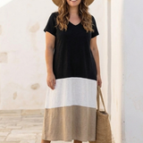 Valentine | Vestido Midi Bicolor com Decote em V e Mangas Curtas