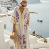 Iris | Vestido Maxi Listrado com Estampa Floral, Decote em V e Mangas Semi-Longas