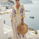 Iris | Vestido Maxi Listrado com Estampa Floral, Decote em V e Mangas Semi-Longas