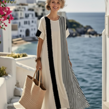Lou | Vestido Maxi Listrado com Decote Redondo e Mangas Curtas