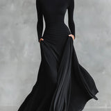 Noémie | Vestido Longo Preto com Decote Bateau e Elegante Drapeado