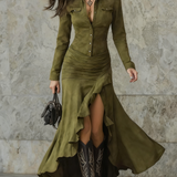 Lisette | Vestido Longo Retro em Tom Castanho com Babados
