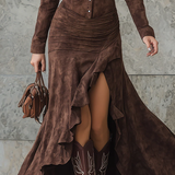 Lisette | Vestido Longo Retro em Tom Castanho com Babados