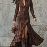 Lisette | Vestido Longo Retro em Tom Castanho com Babados