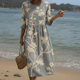 Ana - Vestido Midi com Estampa Floral e de Folhagens