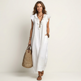 Josette | Maxi Vestido de Linho com Detalhes em Renda em V
