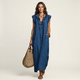 Josette | Maxi Vestido de Linho com Detalhes em Renda em V