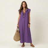 Josette | Maxi Vestido de Linho com Detalhes em Renda em V