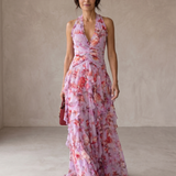 Belladina | Vestido Longo Romântico Kaskada de Rosas com Decote em V