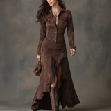 Lisette | Vestido Longo Retro em Tom Castanho com Babados