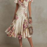 Vestido midi de cetim floral, elegante e com toque retrô