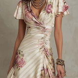 Vestido midi de cetim floral, elegante e com toque retrô